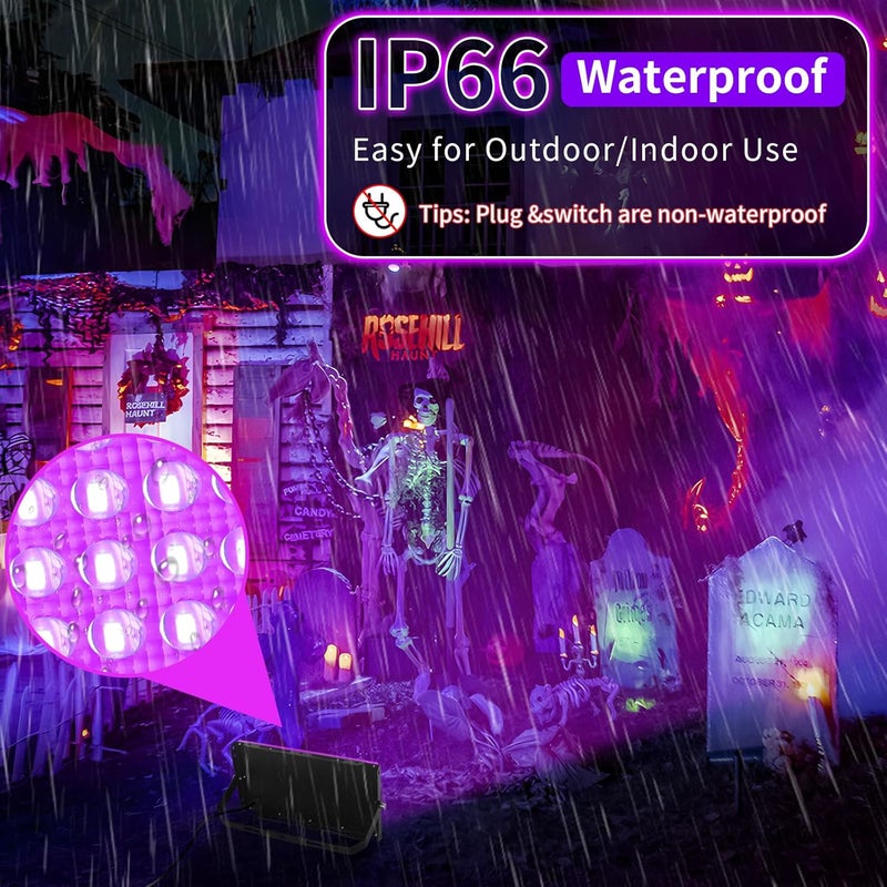 YAYIT 100W Black Lights with Switch+Plug, IP66 Waterproof, LED Blacklight Flood Light for Glow Party, Halloween, Bedroom, Fluorescent Poster, Body Paint, 2 Pack - Image 3